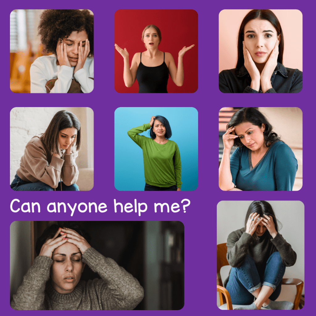 A collage of eight women showing various expressions of distress and confusion, with the text 'Can anyone help me?' centered at the bottom against a purple background. Looking for homeschool help