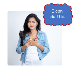 A woman with long hair wearing a denim jacket and a white top, standing with her hands on her chest, eyes closed, conveying a sense of calm and confidence, with the text 'I can do this.' in a speech bubble. Believe in yourself as a homeschool paent.