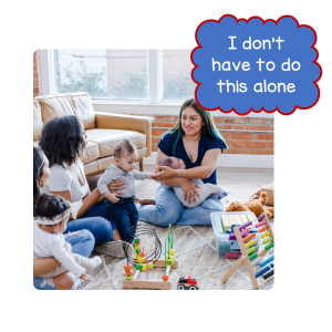 A group of mothers sitting on the floor, engaging with their babies and toddlers in a cozy living room filled with toys and a warm atmosphere.