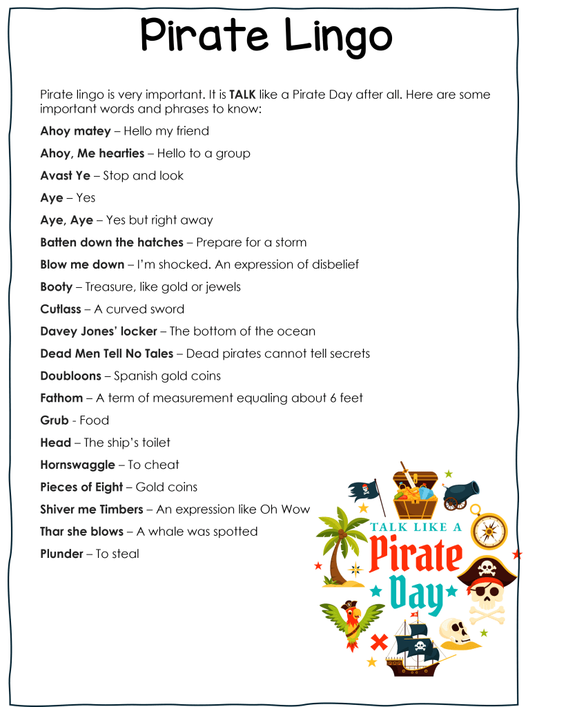 A colorful graphic listing pirate lingo, featuring phrases and their meanings, with pirate-themed decorations including a treasure chest, cannon, and skull and crossbones.