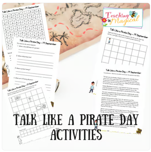 Printable worksheets for Talk Like a Pirate Day activities featuring games and puzzles.
