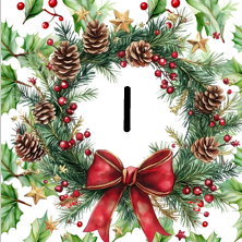 A decorative Christmas wreath featuring pinecones, holly leaves, red berries, and a red bow, with the number one in the center.