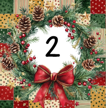 A Christmas wreath decorated with pinecones, red berries, and a red ribbon, featuring the number '2' in the center.